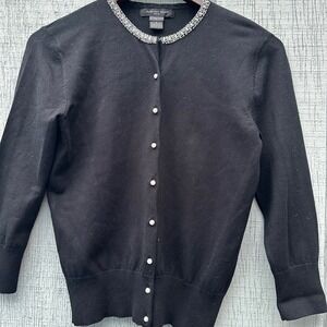 August Silk Black Beaded Neckline Cardigan Sweater Women's Size S Stretch Pearls